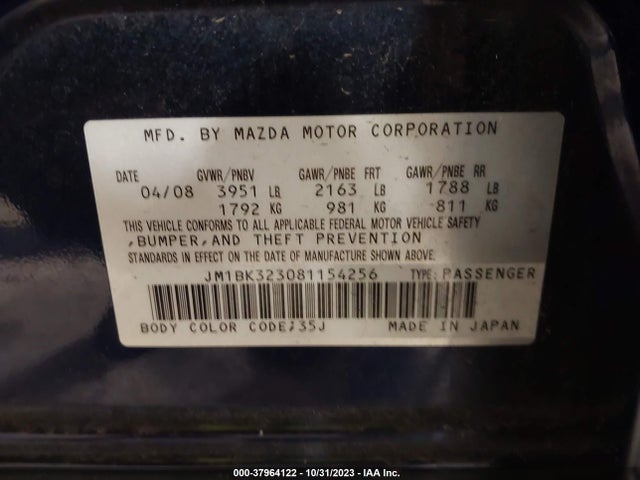2008 MAZDA MAZDA3 S SPORT VIN: JM1BK323081154256