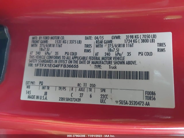 2015 FORD F-150 XLT VIN: 1FTFX1EG4FFB36655