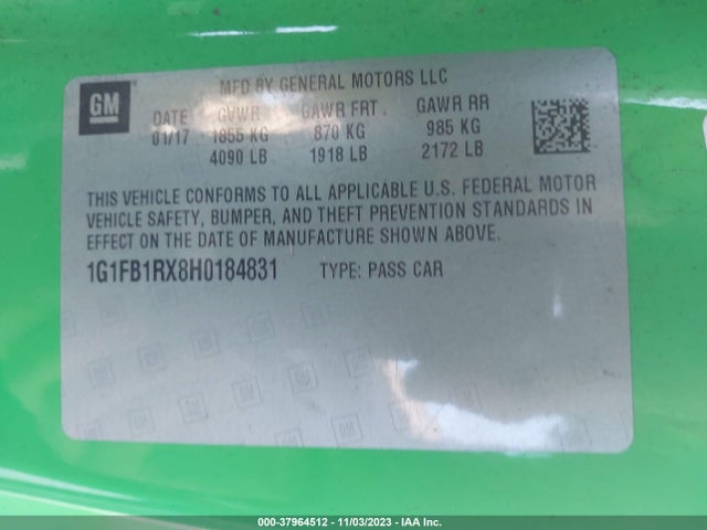 Chevrolet Camaro 1lt 2017 1G1FB1RX8H0184831 Image 9