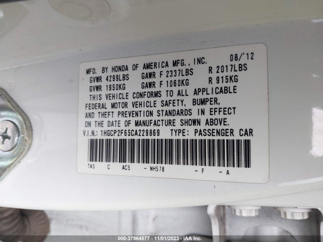 2012 HONDA ACCORD 2.4 SE VIN: 1HGCP2F65CA229869