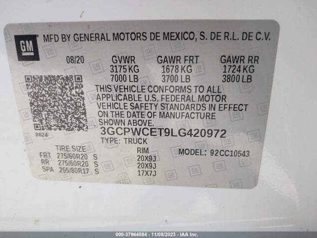 Chevrolet Silverado 1500 2wd  Short Bed Lt 2020 3GCPWCET9LG420972 Image 9