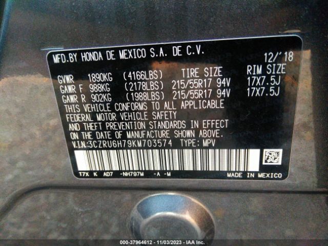 3CZRU6H79KM703574 Honda Hr-v Ex-l