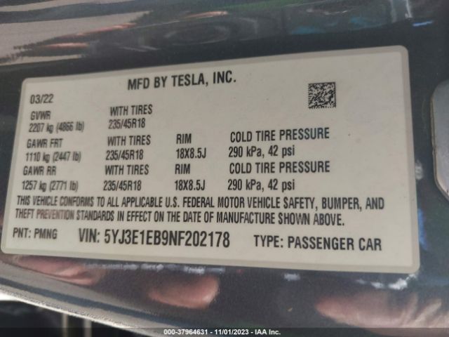 5YJ3E1EB9NF202178 Tesla Model 3 Long Range Dual Motor All-wheel Drive