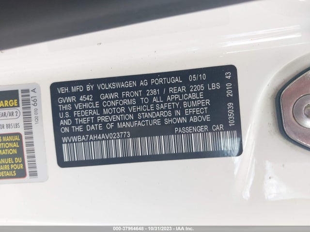 2010 VOLKSWAGEN EOS KOMFORT VIN: WVWBA7AH4AV023773