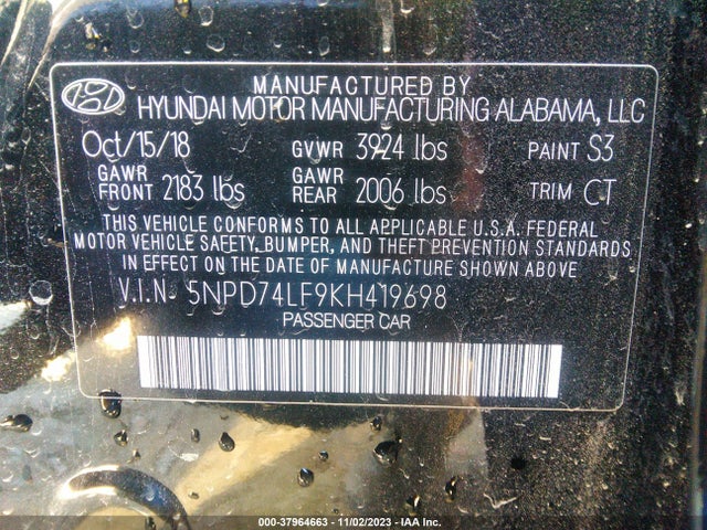 2019 HYUNDAI ELANTRA SE VIN: 5NPD74LF9KH419698