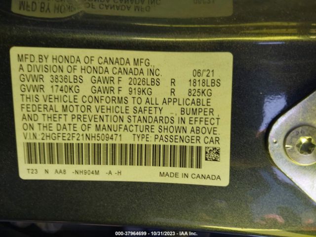 2HGFE2F21NH509471 Honda Civic Sedan Lx