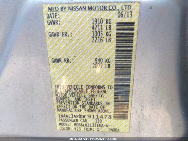 2013 NISSAN ALTIMA 2.5 SV VIN: 1N4AL3AP0DC911478