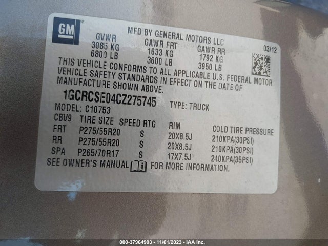 2012 CHEVROLET SILVERADO 1500 LT VIN: 1GCRCSE04CZ275745