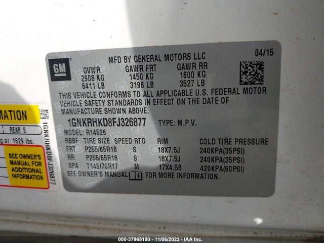 Chevrolet Traverse 2lt 2015 1GNKRHKD8FJ326877 Image 9