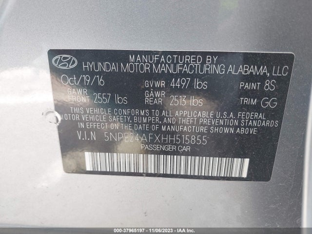2017 HYUNDAI SONATA SE VIN: 5NPE24AFXHH515855