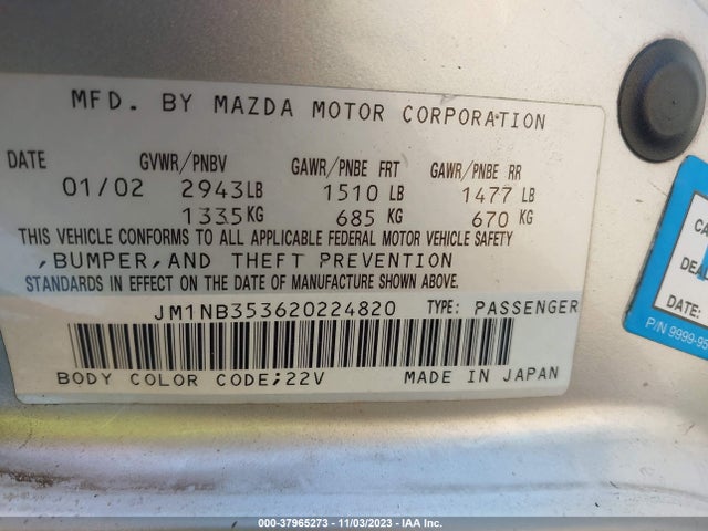 2002 MAZDA MX-5 MIATA CLOTH/LS/SE VIN: JM1NB353620224820