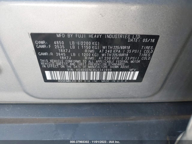 2016 SUBARU OUTBACK 3.6R LIMITED VIN: 4S4BSENC8G3342898