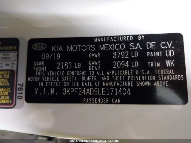 2020 KIA FORTE LXS VIN: 3KPF24AD9LE171404