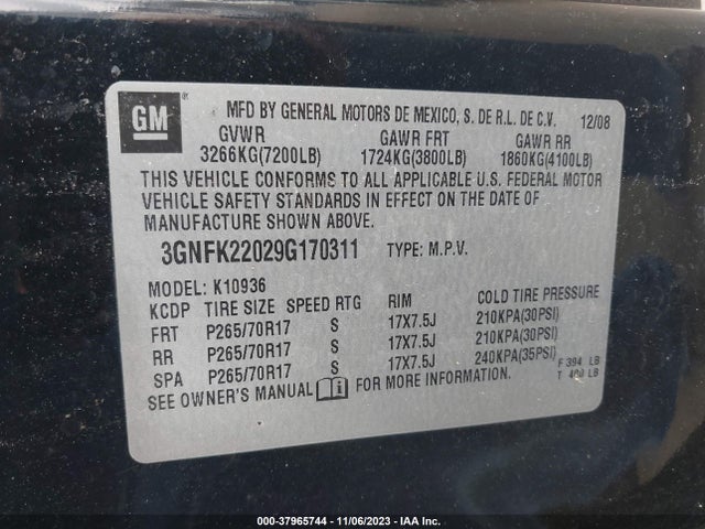2009 CHEVROLET AVALANCHE 3GNFK22029G170311 Photo 8