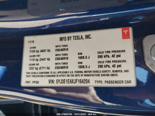 5YJ3E1EAXJF164204 Tesla Model 3 Range Battery