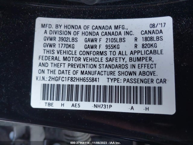 2017 HONDA CIVIC EX-L VIN: 2HGFC1F82HH655841