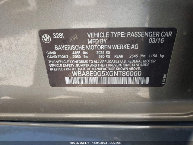 2016 BMW 328I VIN: WBA8E9G5XGNT86060