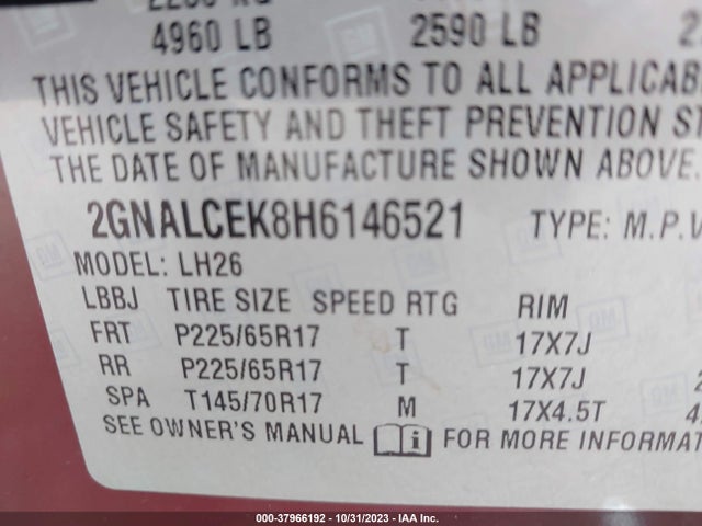 Chevrolet EQUINOX LT 2017 2GNALCEK8H6146521 Image 9