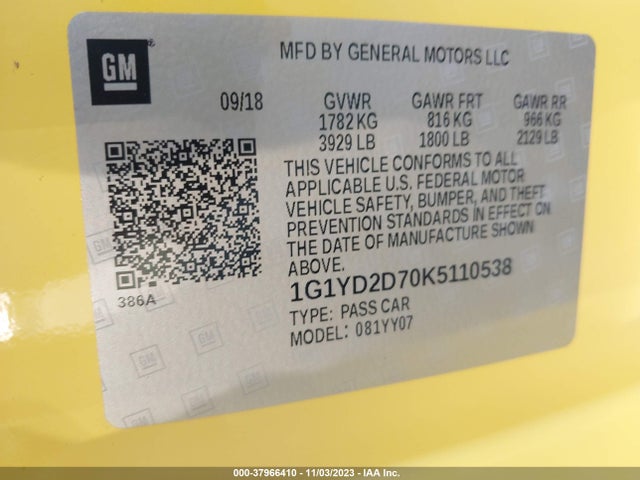 Chevrolet CORVETTE STINGRAY 2019 1G1YD2D70K5110538 Image 9