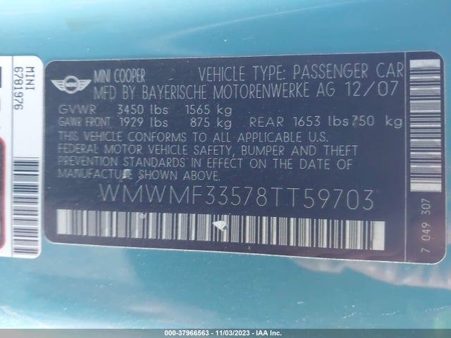 2008 MINI COOPER WMWMF33578TT59703 Photo 8