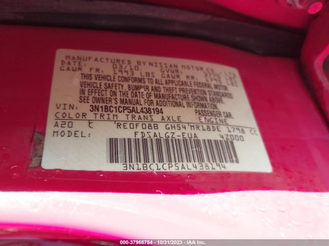 2010 NISSAN VERSA 1.8 SL VIN: 3N1BC1CP5AL438194