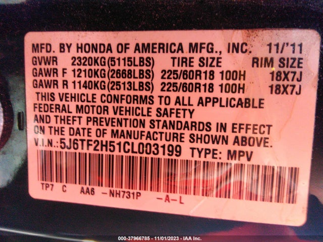 2012 HONDA CROSSTOUR EX-L VIN: 5J6TF2H51CL003199