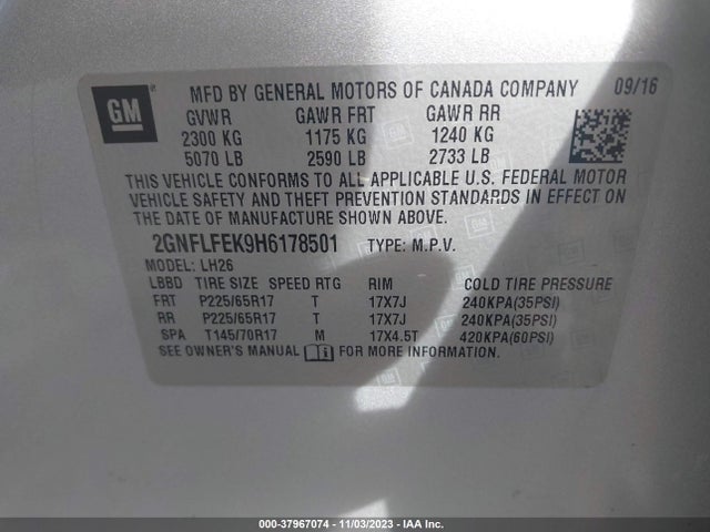 Chevrolet EQUINOX LT 2017 2GNFLFEK9H6178501 Image 9