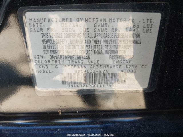 3N1AB7AP8EL667446 Nissan Sentra Fe+ S/fe+ Sv/s/sl/sr/sv