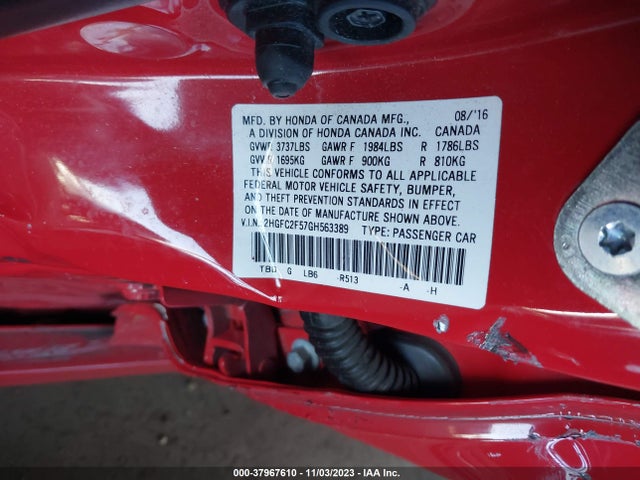 2016 HONDA CIVIC LX VIN: 2HGFC2F57GH563389
