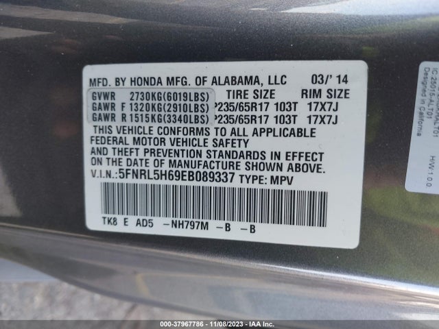 Honda Odyssey Ex-l 2014 5FNRL5H69EB089337 Image 9