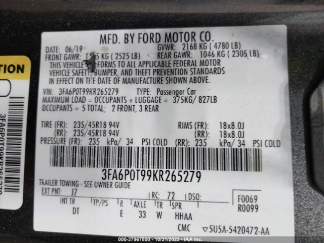 3FA6P0T99KR265279 Ford FUSION SE
