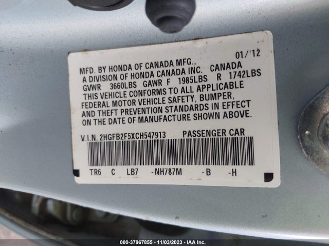 2012 HONDA CIVIC SDN LX VIN: 2HGFB2F5XCH547913