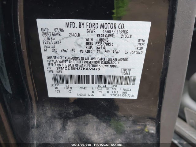 2007 FORD ESCAPE HYBRID HYBRID VIN: 1FMCU59H37KA51476
