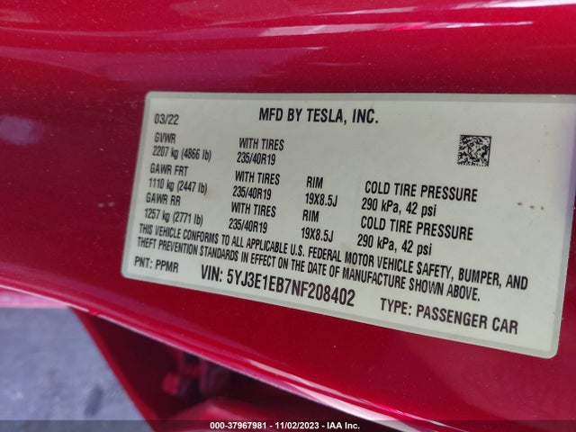 Tesla Model 3 Long Range 2022 5YJ3E1EB7NF208402 Image 9