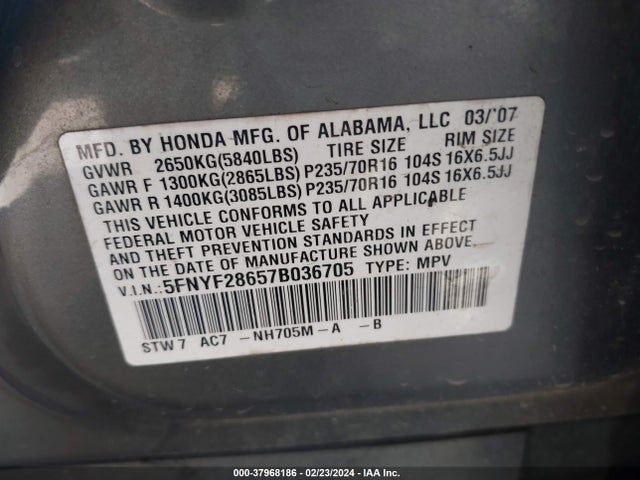 2007 HONDA PILOT EX-L VIN: 5FNYF28657B036705