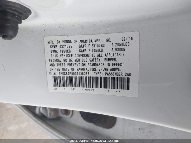 2016 HONDA ACCORD EX-L VIN: 1HGCR2F89GA136385