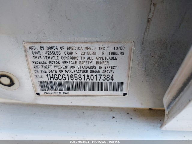 2001 HONDA ACCORD SDN EX W/LEATHER VIN: 1HGCG16581A017384