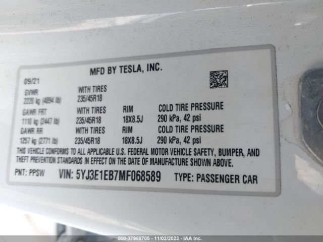 2021 TESLA MODEL 3 5YJ3E1EB7MF068589 Photo 8