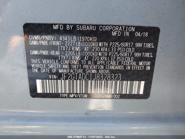 2018 SUBARU CROSSTREK 2.0I PREMIUM VIN: JF2GTADC1J8328323