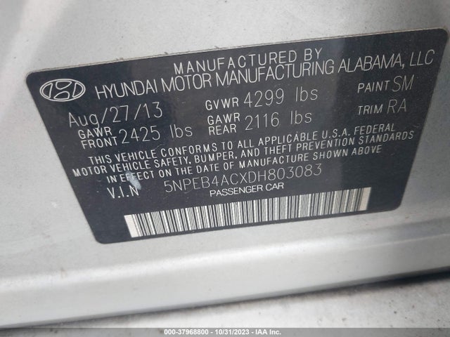 2013 HYUNDAI SONATA GLS VIN: 5NPEB4ACXDH803083