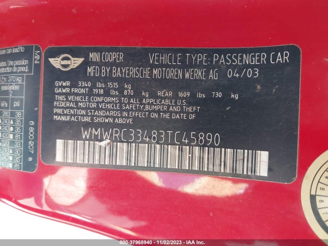 2003 MINI COOPER HARDTOP WMWRC33483TC45890 Photo 8
