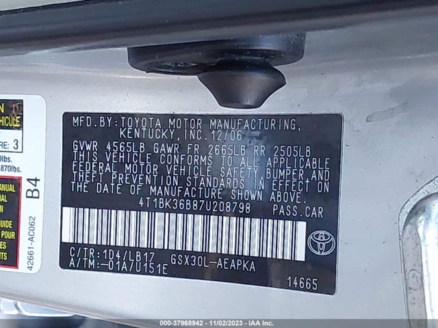 2007 TOYOTA AVALON LIMITED VIN: 4T1BK36B87U208798