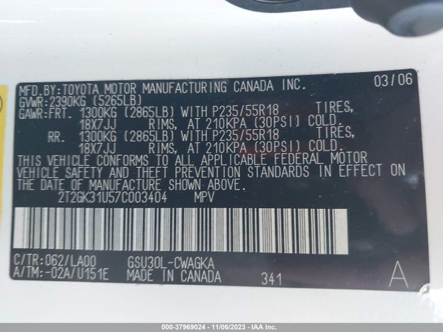 2007 LEXUS RX 350 VIN: 2T2GK31U57C003404