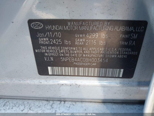 2011 HYUNDAI SONATA GLS VIN: 5NPEB4AC0BH003454