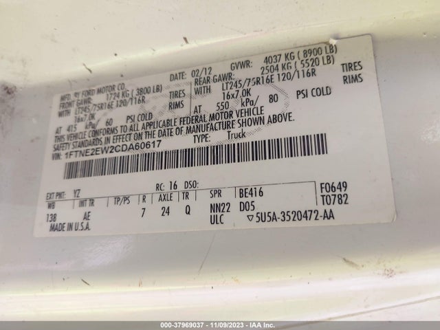 2012 FORD E-250 COMMERCIAL VIN: 1FTNE2EW2CDA60617