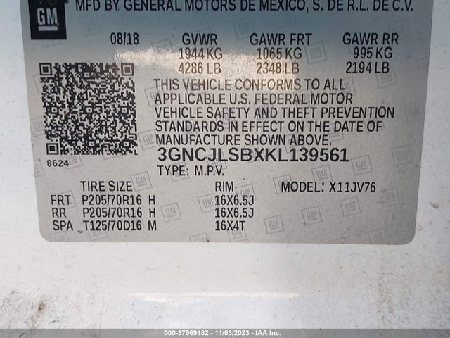 Chevrolet Trax Lt 2019 3GNCJLSBXKL139561 Image 9