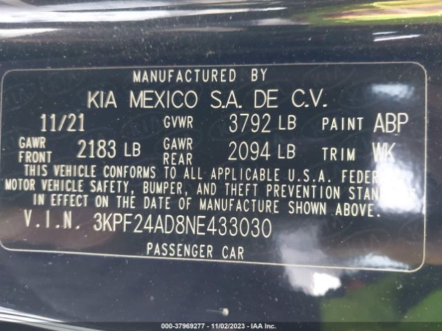 3KPF24AD8NE433030 KIA Forte Lxs