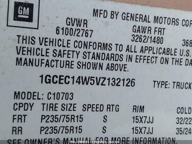 1997 CHEVROLET C/K 1500 FLEETSIDE CMI VIN: 1GCEC14W5VZ132126