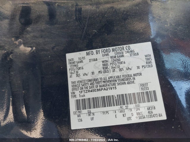 2006 FORD RANGER XLT/FX4 LEVEL II/FX4 OFF-ROAD/SPORT VIN: 1FTZR45E86PA21915