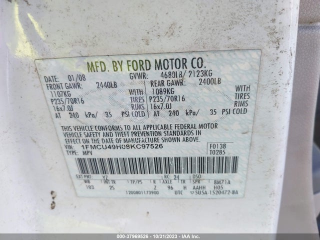 2008 FORD ESCAPE HYBRID VIN: 1FMCU49H08KC97526